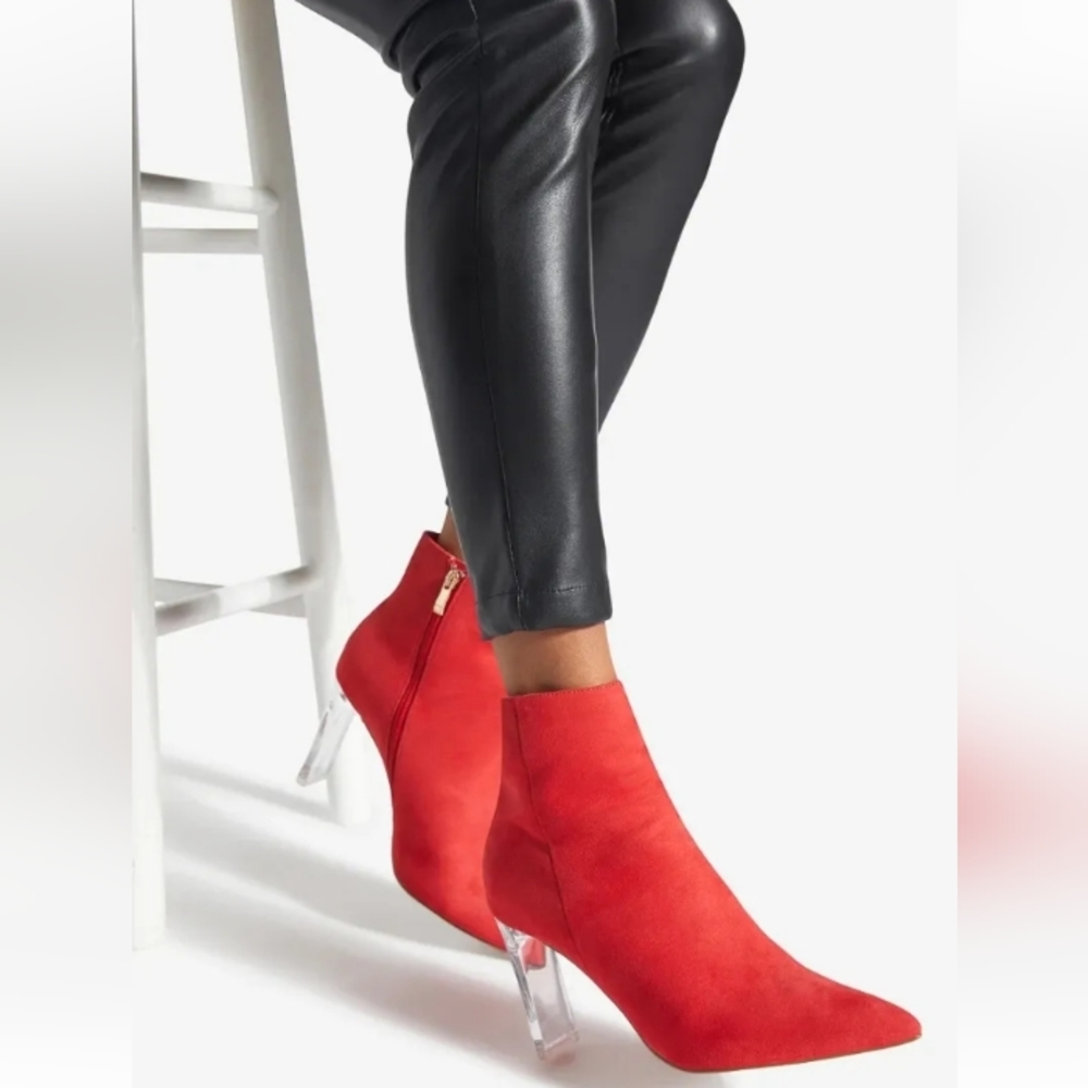 NEW Women's Charone Red Chunky Block Heel Pointed Toe Ankle Boots Size 8